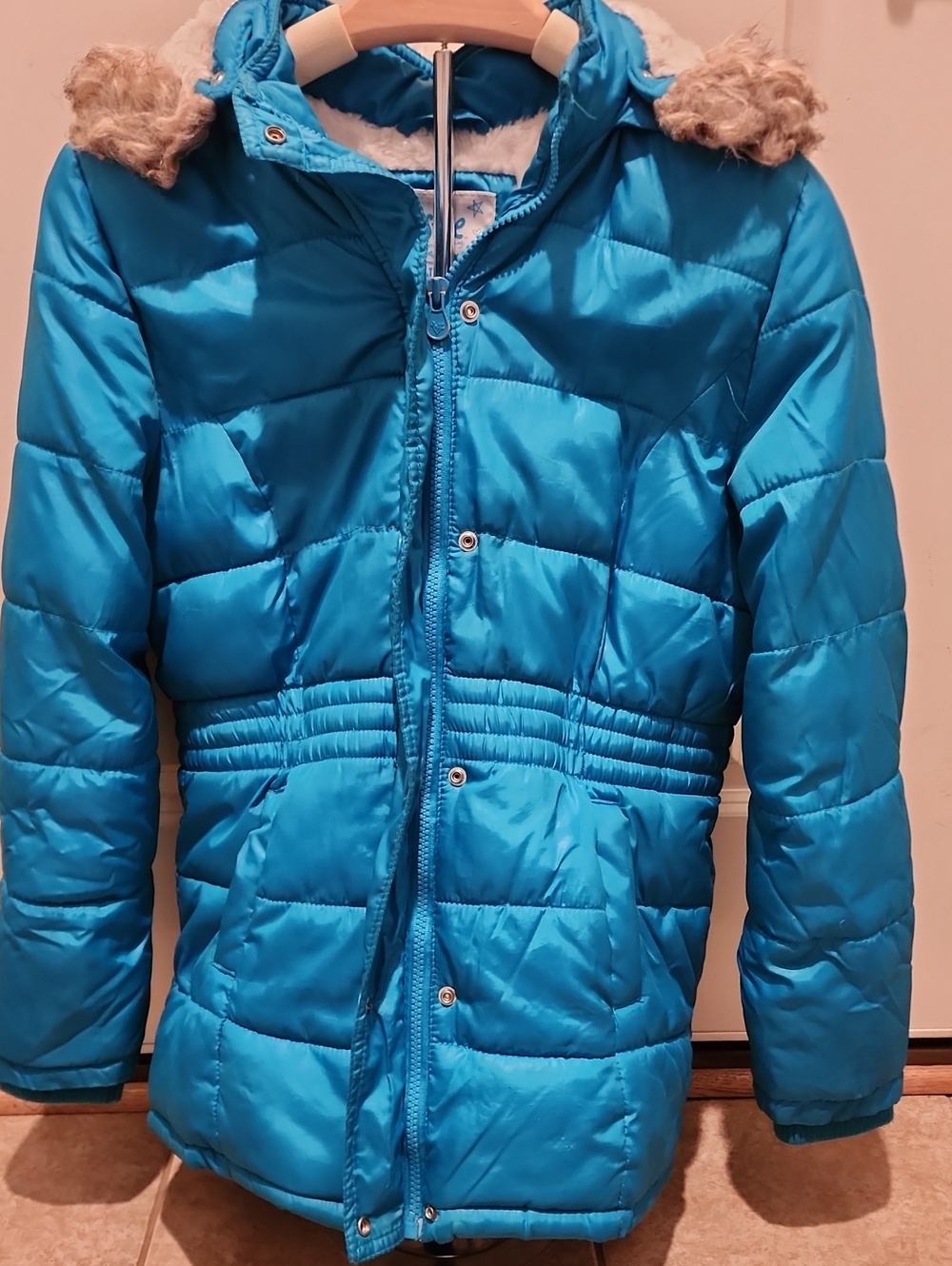 Justice Girls Teal Blue Quilted Puffer Jacket Sherpa Lined Faux Fur Size 12/14 L